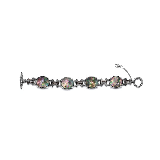 Carventurous Hand Carved Natural Quartz Abalone and Black Diamond Bracelet in Sterling Silver