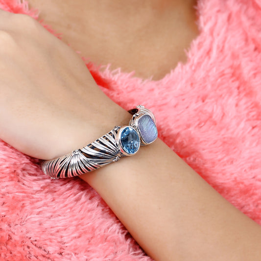 Carventurous Faceted Blue Topaz Hand Carved Natural Quartz Mother of Pearl and Green Agate Open and Close Bangle in Sterling Silver