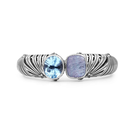 Carventurous Faceted Blue Topaz Hand Carved Natural Quartz Mother of Pearl and Green Agate Open and Close Bangle in Sterling Silver