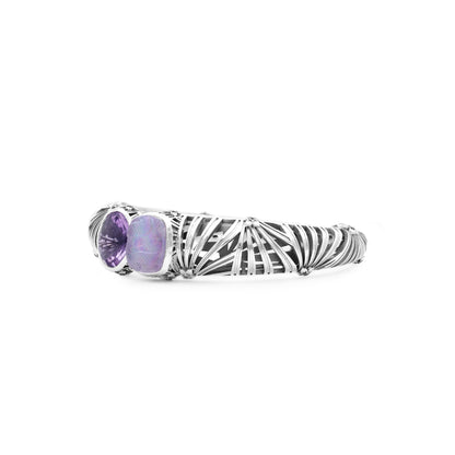 Carventurous Faceted Amethyst Hand Carved Natural Quartz Mother of Pearl and Amethyst Open and Close Bangle in Sterling Silver