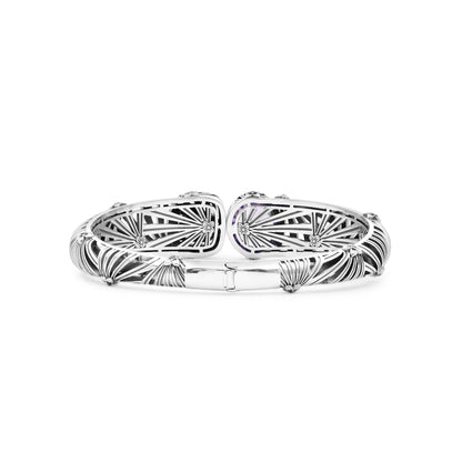 Carventurous Faceted Amethyst Hand Carved Natural Quartz Mother of Pearl and Amethyst Open and Close Bangle in Sterling Silver