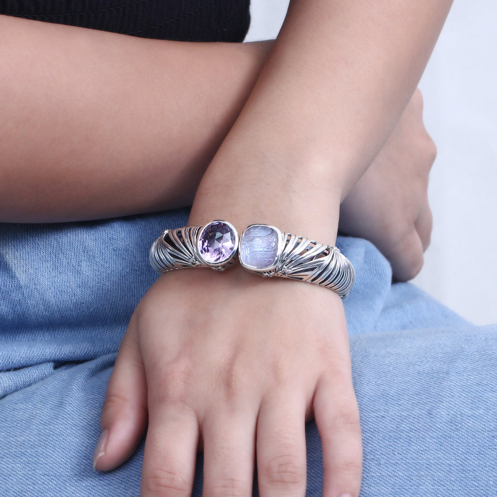 Carventurous Faceted Amethyst Hand Carved Natural Quartz Mother of Pearl and Amethyst Open and Close Bangle in Sterling Silver