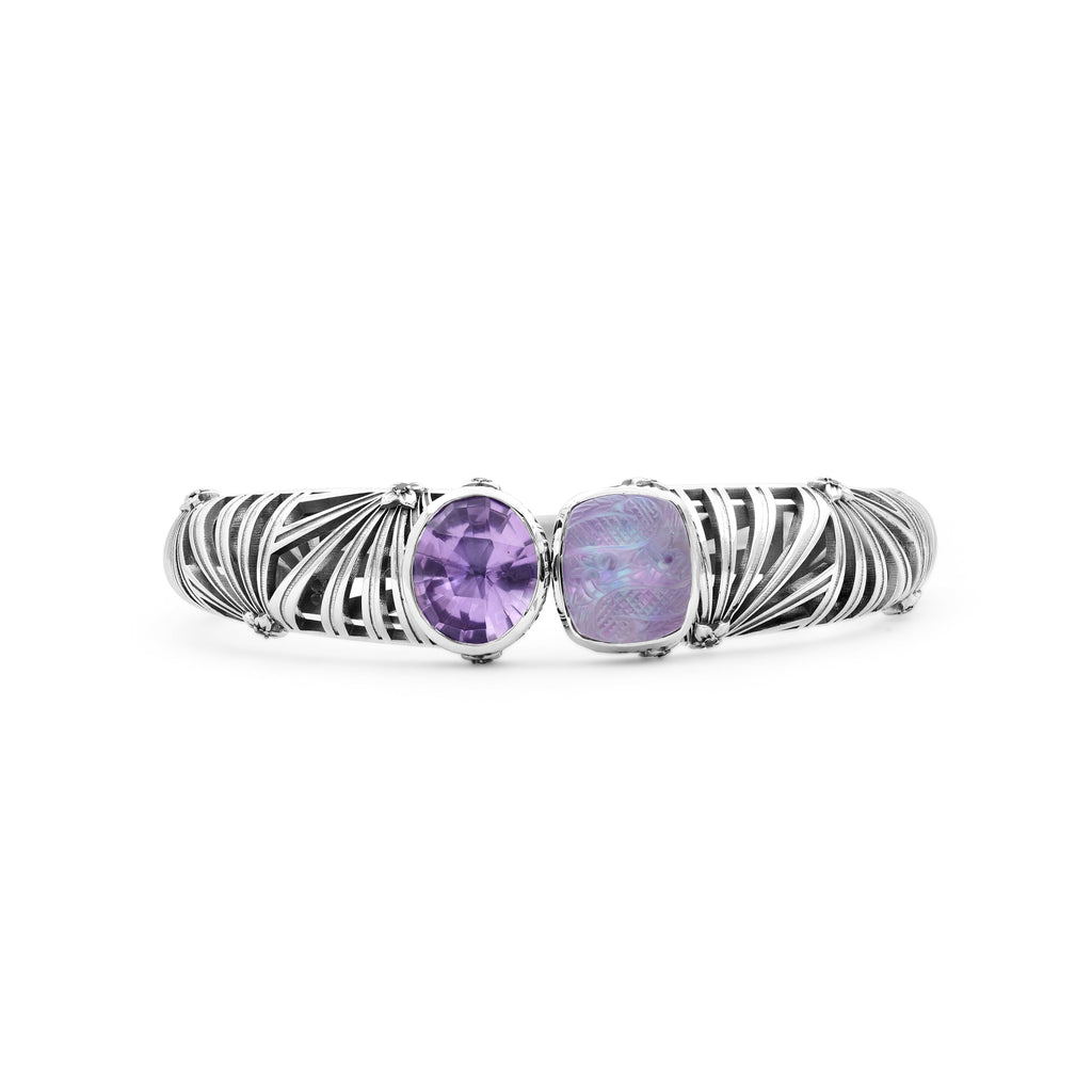 Carventurous Faceted Amethyst Hand Carved Natural Quartz Mother of Pearl and Amethyst Open and Close Bangle in Sterling Silver
