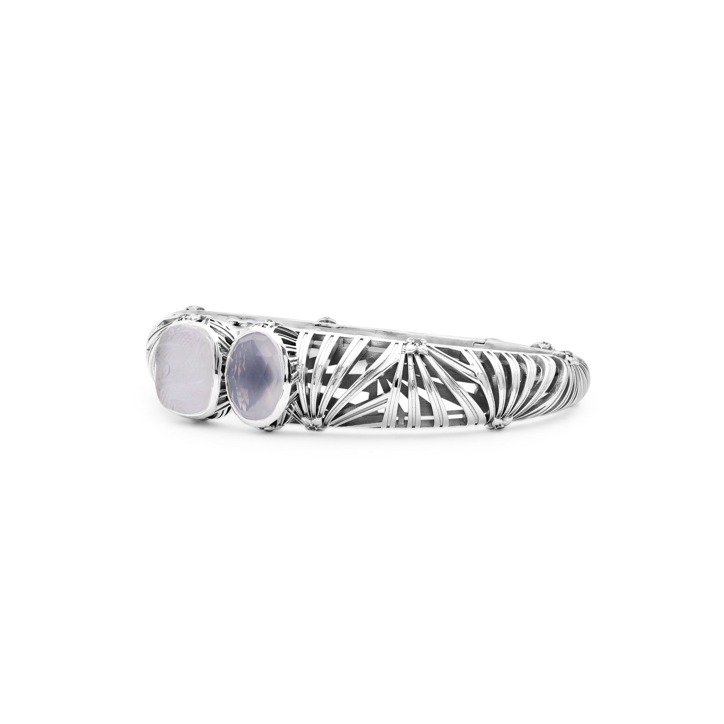Carventurous Faceted Moon Quartz Hand Carved Natural Quartz and Mother of Pearl Open and Close Bangle in Sterling Silver