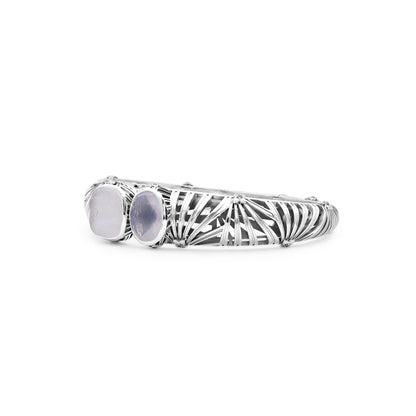 Carventurous Faceted Moon Quartz Hand Carved Natural Quartz and Mother of Pearl Open and Close Bangle in Sterling Silver