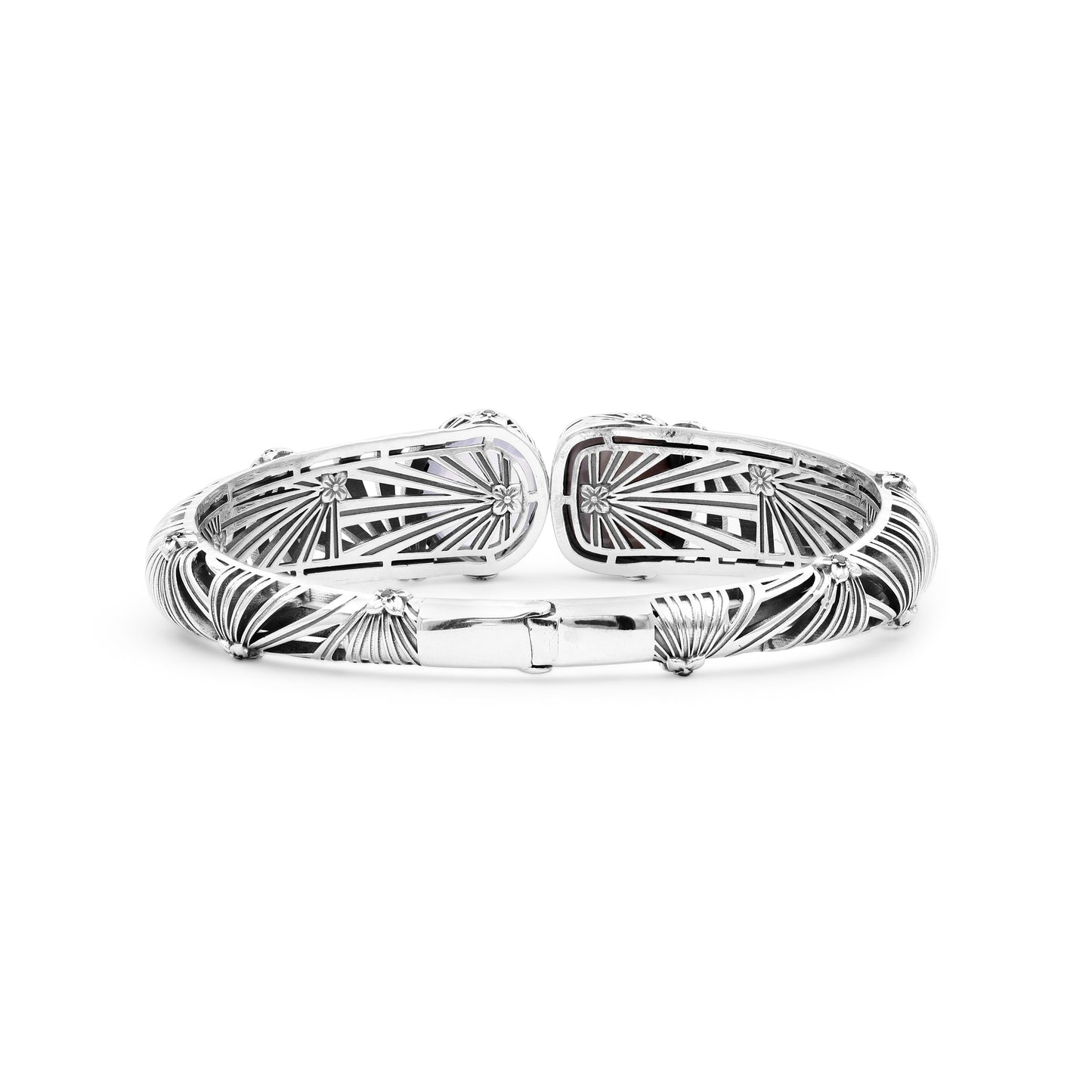 Carventurous Faceted Moon Quartz Hand Carved Natural Quartz and Mother of Pearl Open and Close Bangle in Sterling Silver