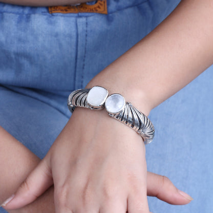 Carventurous Faceted Moon Quartz Hand Carved Natural Quartz and Mother of Pearl Open and Close Bangle in Sterling Silver