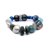 Terraquatic Aquamarine, Labradorite, Silver and Peacock Pearls, Blue Opal, Kyanite, Lapis, Blue Agate and Blue Chalcedony Bead Stretch Bracelet with Sterling Silver