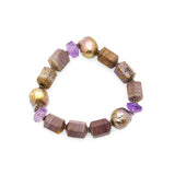 Terraquatic Purple Aventurine, Amethyst and Silver Pearl Stretch Bracelet with Flower Engraved Sterling Silver Spacers