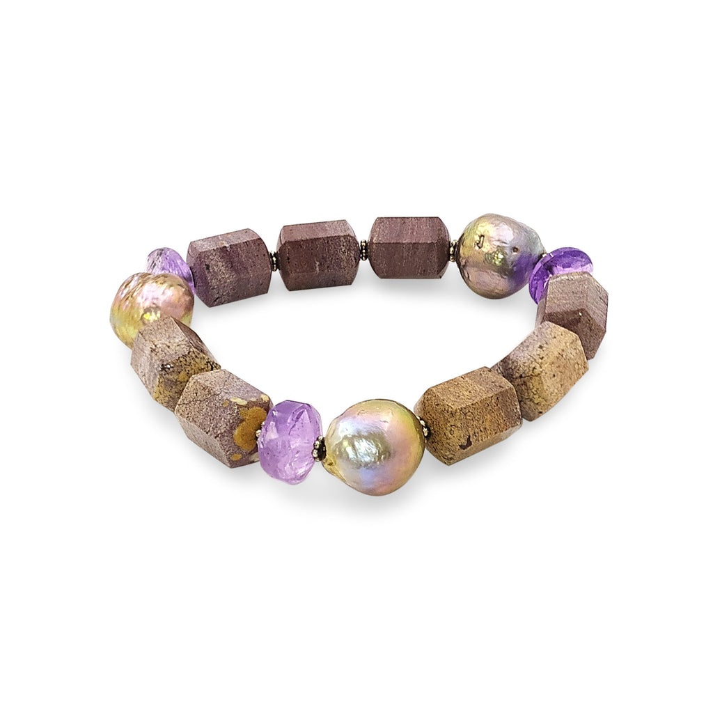 Terraquatic Purple Aventurine, Amethyst and Silver Pearl Stretch Bracelet with Flower Engraved Sterling Silver Spacers