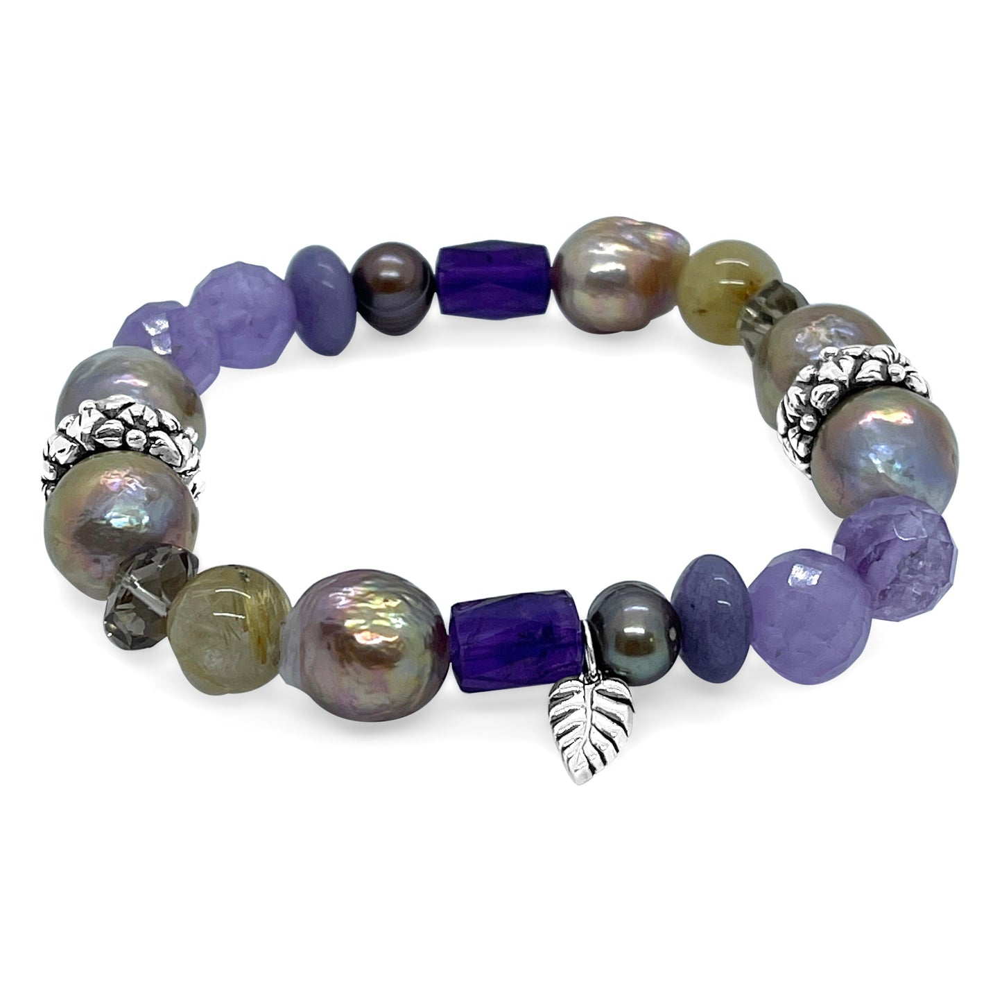 Terraquatic Champagne Pearl, Crystal Qtz and Amethyst Multi Gemstone Stretch Bracelet in Sterling Silver