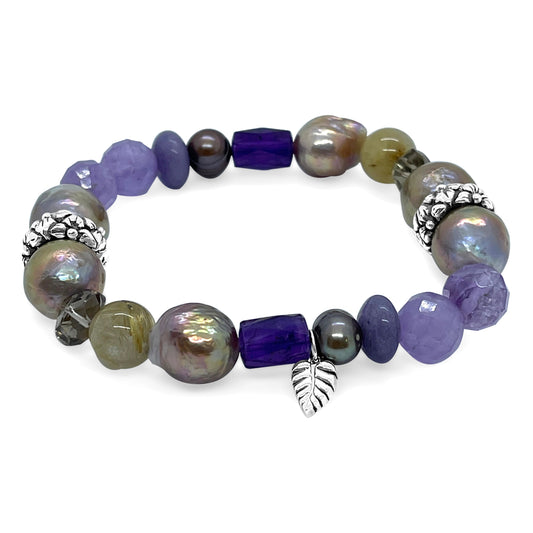 Terraquatic Champagne Pearl, Crystal Qtz and Amethyst Multi Gemstone Stretch Bracelet in Sterling Silver