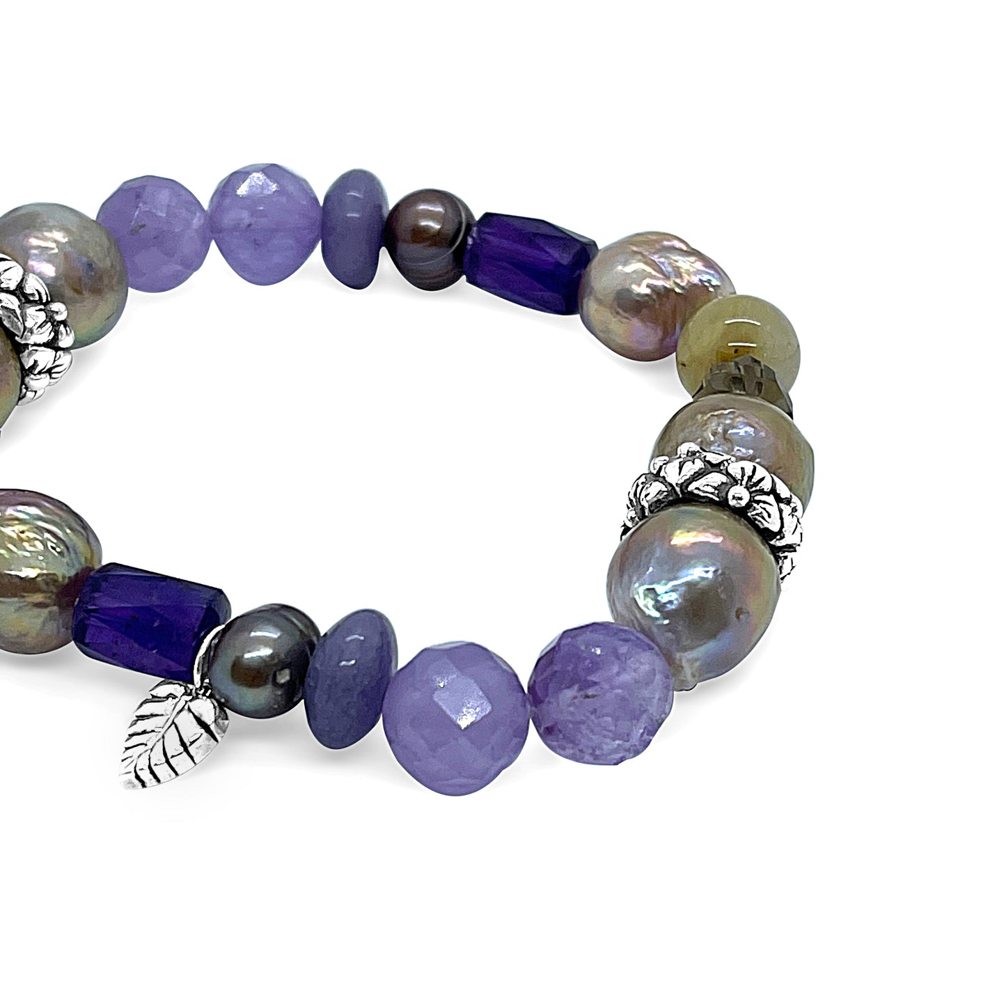 Terraquatic Champagne Pearl, Crystal Qtz and Amethyst Multi Gemstone Stretch Bracelet in Sterling Silver