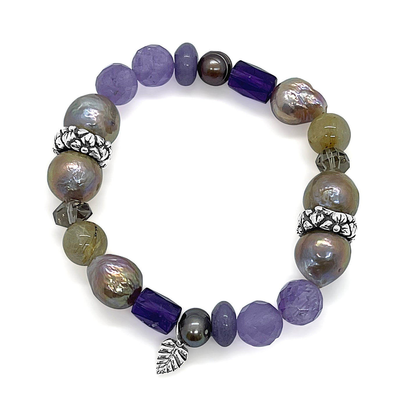 Terraquatic Champagne Pearl, Crystal Qtz and Amethyst Multi Gemstone Stretch Bracelet in Sterling Silver