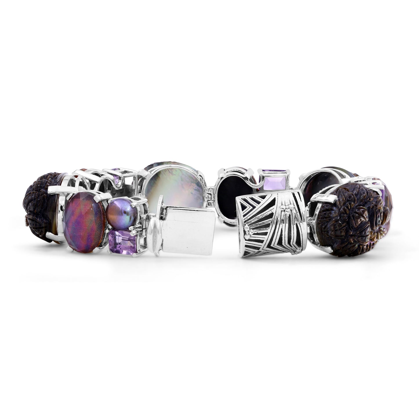 Hand Carved Black Tahitian Mother of Pearl Amethyst Pearls Natural Quartz and Plum Tint Mother of Pearl Bracelet in Sterling Silver