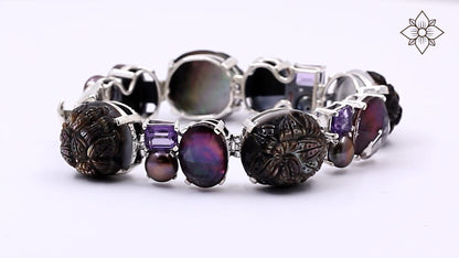 Hand Carved Black Tahitian Mother of Pearl Amethyst Pearls Natural Quartz and Plum Tint Mother of Pearl Bracelet in Sterling Silver