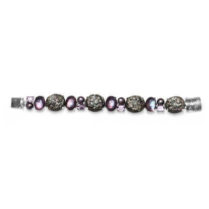 Hand Carved Black Tahitian Mother of Pearl Amethyst Pearls Natural Quartz and Plum Tint Mother of Pearl Bracelet in Sterling Silver
