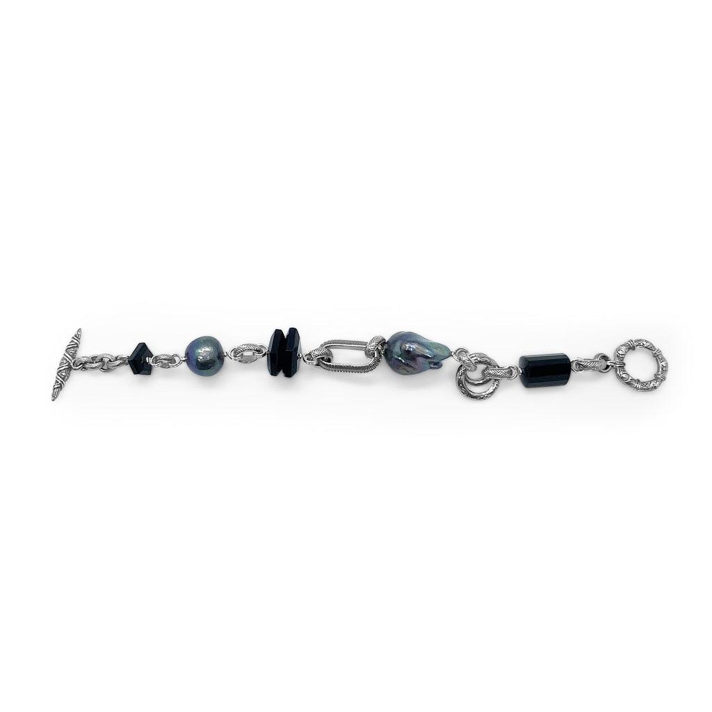 Terraquatic Black Agate and Pearl Bracelet in Sterling Silver