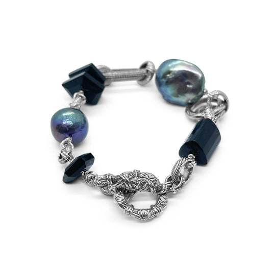 Terraquatic Black Agate and Pearl Bracelet in Sterling Silver