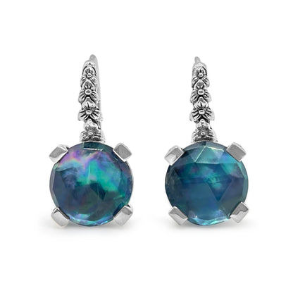Garden of Stephen 12MM Round Faceted Mother of Pearl and Hematite Hook Earring with Engraved Sterling Silver