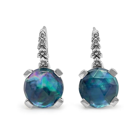 Garden of Stephen 12MM Round Faceted Mother of Pearl and Hematite Hook Earring with Engraved Sterling Silver
