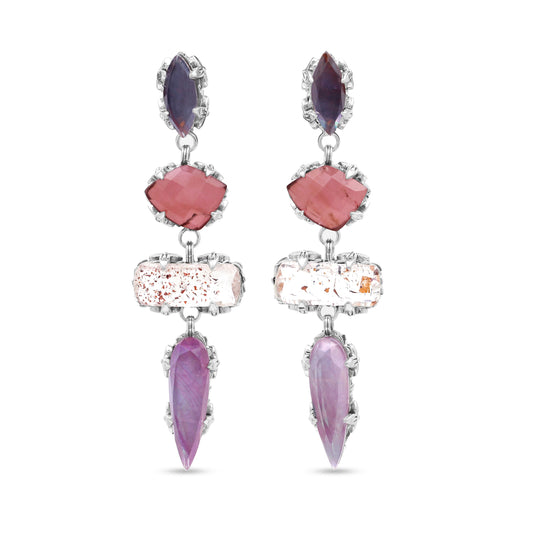 Garden of Stephen Natural Quartz Mother of Pearl Garnet Lepidocrocite and Ruby Dangle Earrings in Sterling Silver