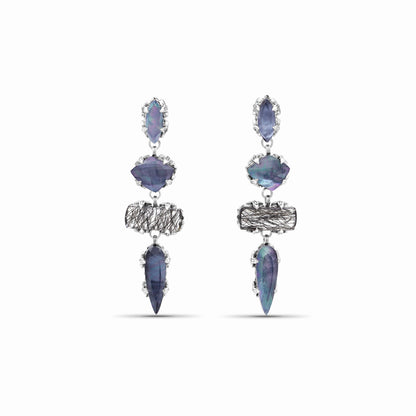 Garden of Stephen Natural Quartz Mother of Pearl Black Hair Rutilated Quartz Black Agate Dangle Earrings in Sterling Silver
