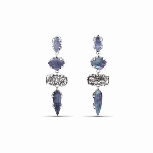 Garden of Stephen Natural Quartz Mother of Pearl Black Hair Rutilated Quartz Black Agate Dangle Earrings in Sterling Silver