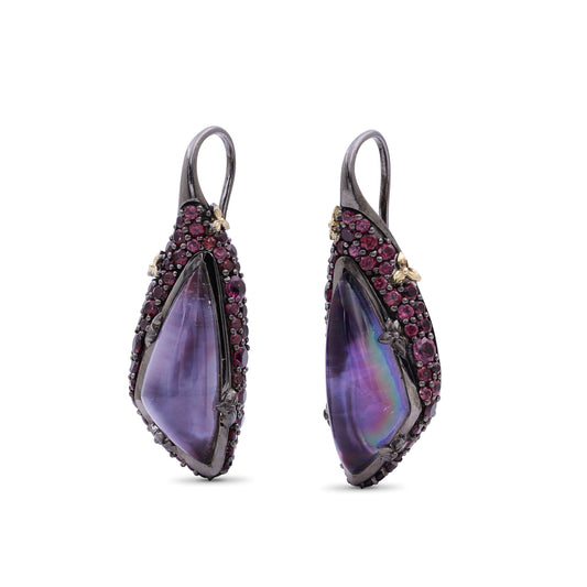 Garden of Stephen Natural Quartz Mother of Pearl and Rhodolite Garnet Earrings in Sterling Silver with 18K Gold Flowers