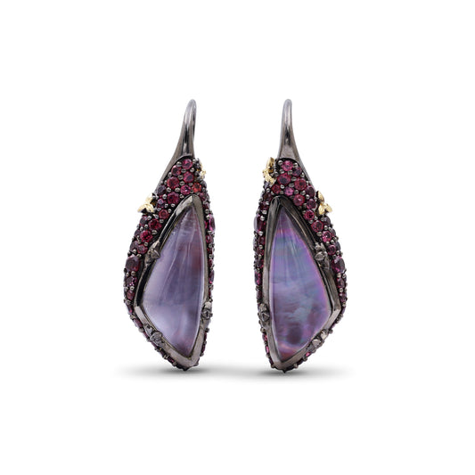 Garden of Stephen Natural Quartz Mother of Pearl and Rhodolite Garnet Earrings in Sterling Silver with 18K Gold Flowers