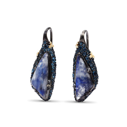 Garden of Stephen Rainbow Moonstone and London Blue Topaz Earrings in Sterling Silver with 18K Gold Flowers