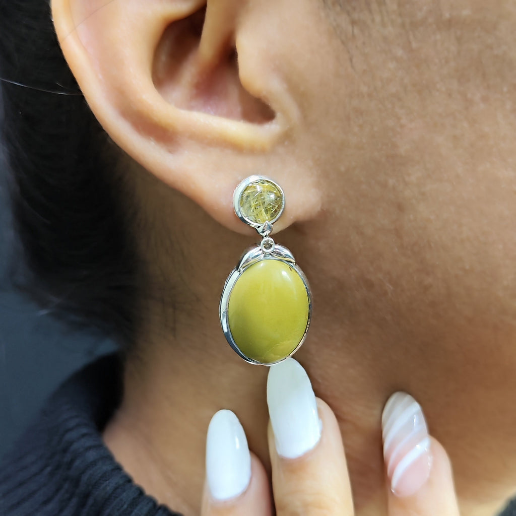 Garden of Stephen Rutilated Quartz Tibetan Turquoise and Diamond 0.04ct Earring in Sterling Silver