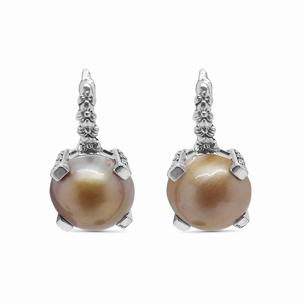 Pearlicious 12MM Gold Mabe Pearl Hook Earring with Engraved Sterling Silver