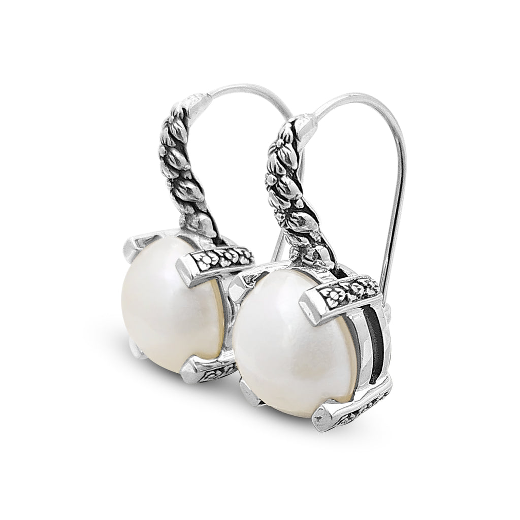 Pearlicious 12MM Round White Pearl Hook Earrings in Engraved Sterling Silver