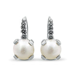Pearlicious 12MM Round White Pearl Hook Earrings in Engraved Sterling Silver