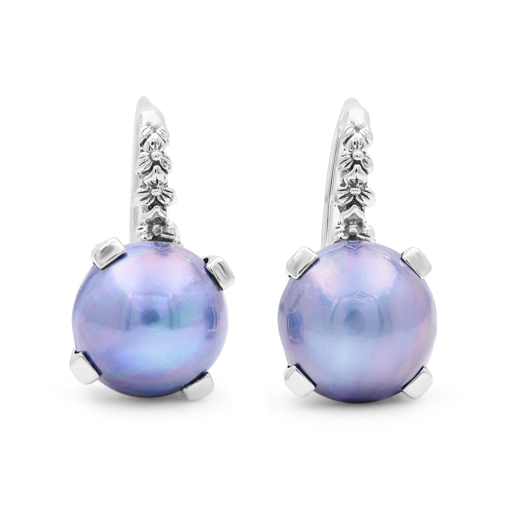 Pearlicious 12MM Round Sea Blue Pearl Earrings in Sterling Silver