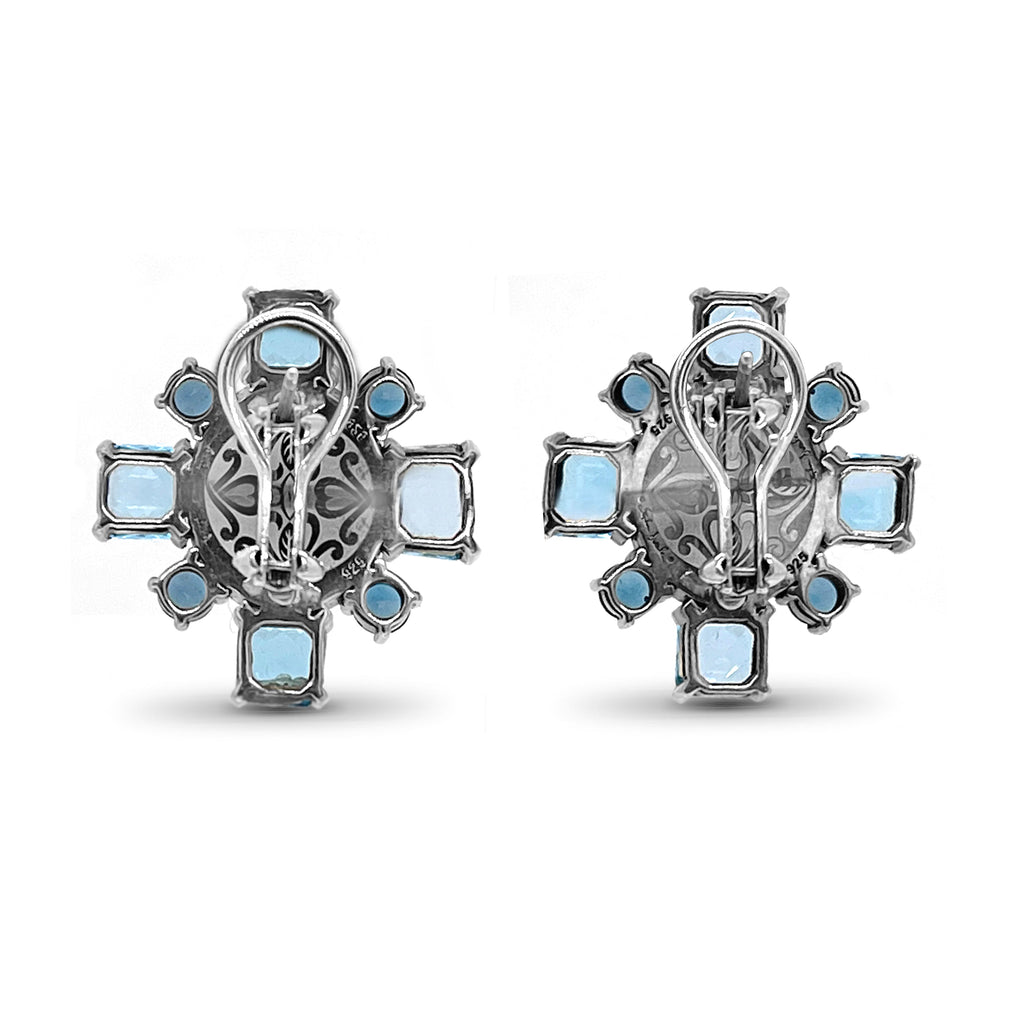 Carventurous Carved Grey Mop and Swiss London Blue Topaz Earring in Sterling Silver