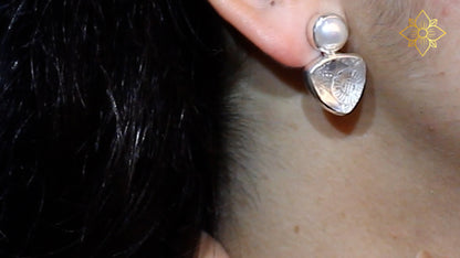 Carventurous White Pearl Hand Carved Natural Quartz and Mother of Pearl Clip Earrings in Sterling Silver