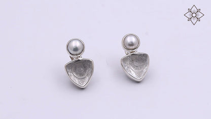 Carventurous White Pearl Hand Carved Natural Quartz and Mother of Pearl Clip Earrings in Sterling Silver
