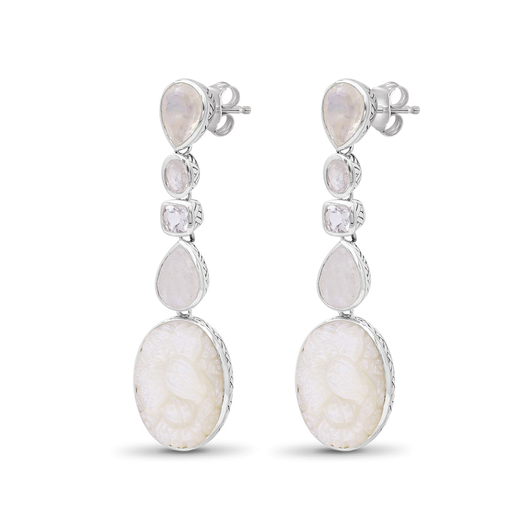 Carventurous Hand Carved Mother of Pearl Natural Quartz and Rainbow Moonstone Dangle Earrings in Sterling Silver