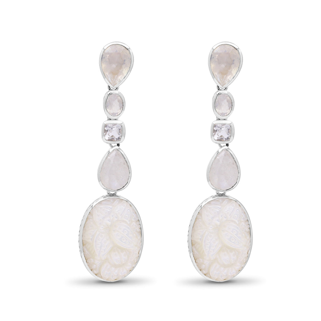 Carventurous Hand Carved Mother of Pearl Natural Quartz and Rainbow Moonstone Dangle Earrings in Sterling Silver