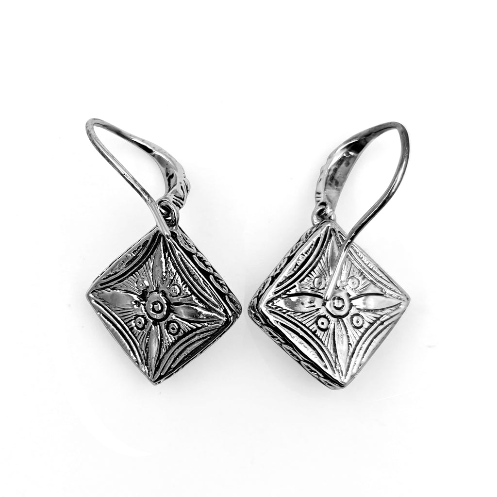 Carventurous internally Carved Natural Quartz Gold Lining Square Pyramid Earrings in Sterling Silver