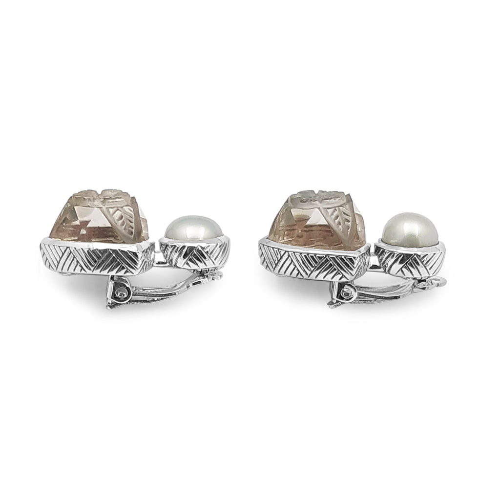 Carventurous Silver Pearl Hand Carved Natural Quartz and Mother of Pearl Clip Earrings in Sterling Silver