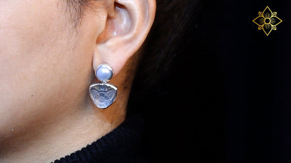 Carventurous Silver Pearl Hand Carved Natural Quartz and Mother of Pearl Clip Earrings in Sterling Silver