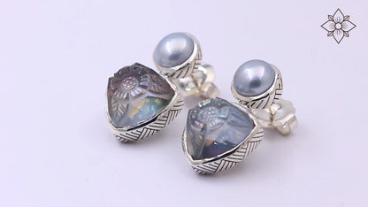 Carventurous Silver Pearl Hand Carved Natural Quartz and Mother of Pearl Clip Earrings in Sterling Silver