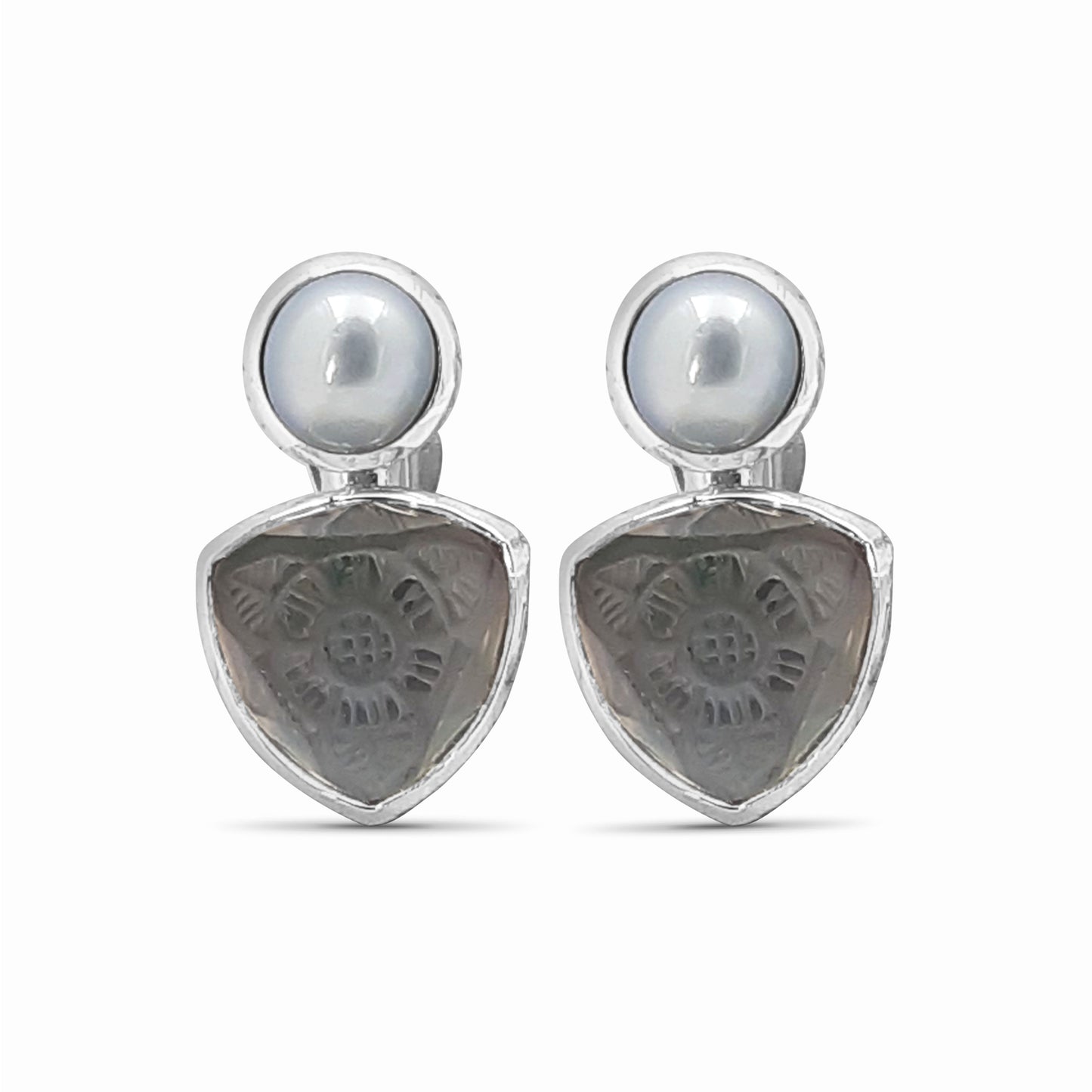 Carventurous Silver Pearl Hand Carved Natural Quartz and Mother of Pearl Clip Earrings in Sterling Silver