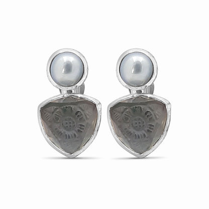 Carventurous Silver Pearl Hand Carved Natural Quartz and Mother of Pearl Clip Earrings in Sterling Silver