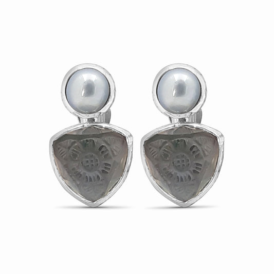 Carventurous Silver Pearl Hand Carved Natural Quartz and Mother of Pearl Clip Earrings in Sterling Silver