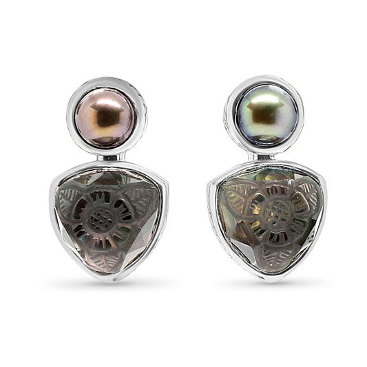 Carventurous Peacock Pearl Hand Carved Natural Quartz and Mother of Pearl Clip Earrings in Sterling Silver