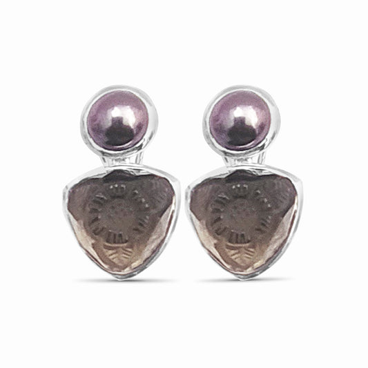 Carventurous Golden Pearl and Hand Carved Smoky Quartz Clip Earrings in Sterling Silver